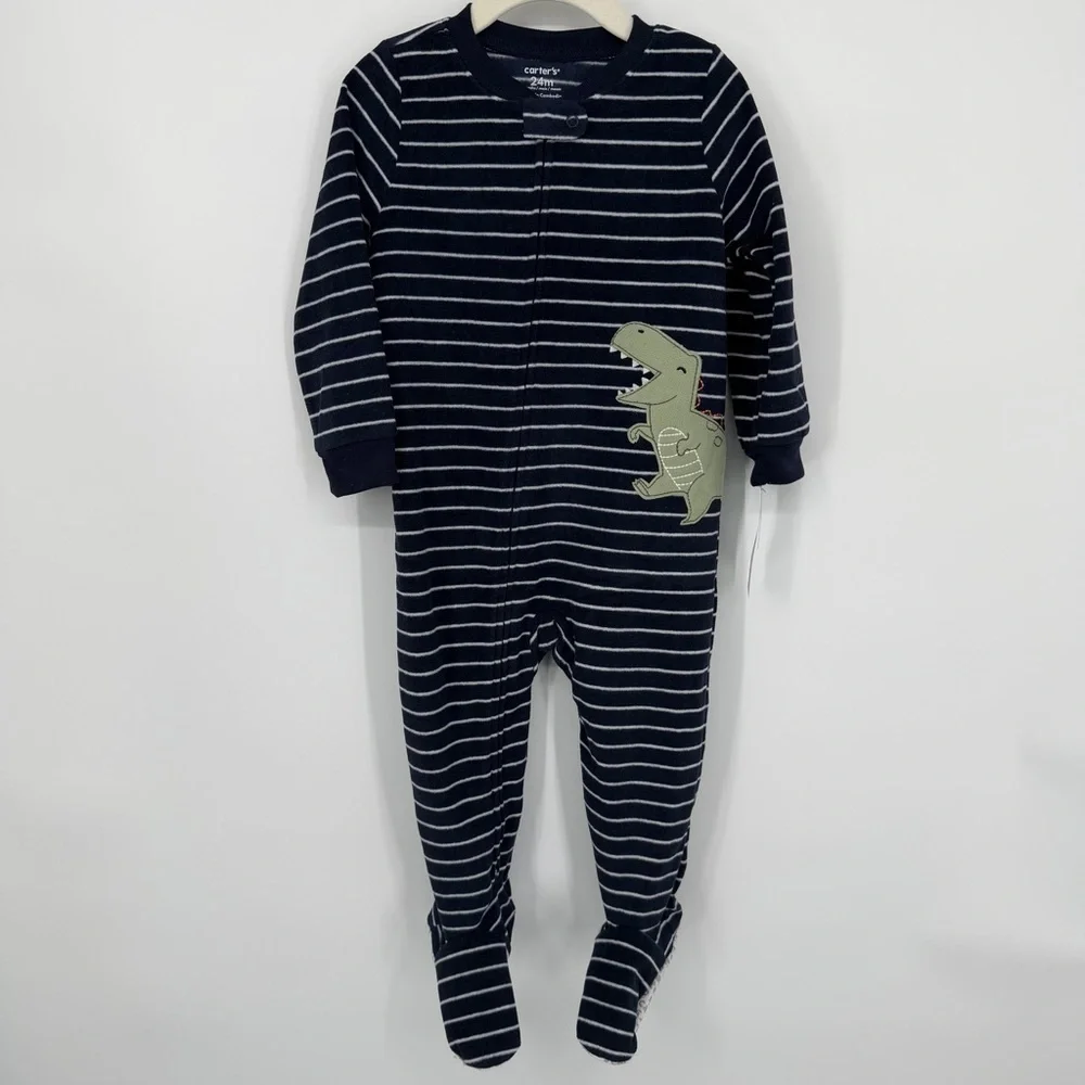 NWT Carter's Navy & White Striped Dinosaur One Piece Fleece Footie Pajama 24mo